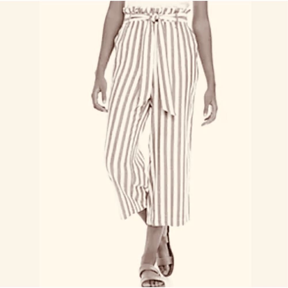 Fever Cropped Paper Bag Pants, Cream and Tan Striped, Large